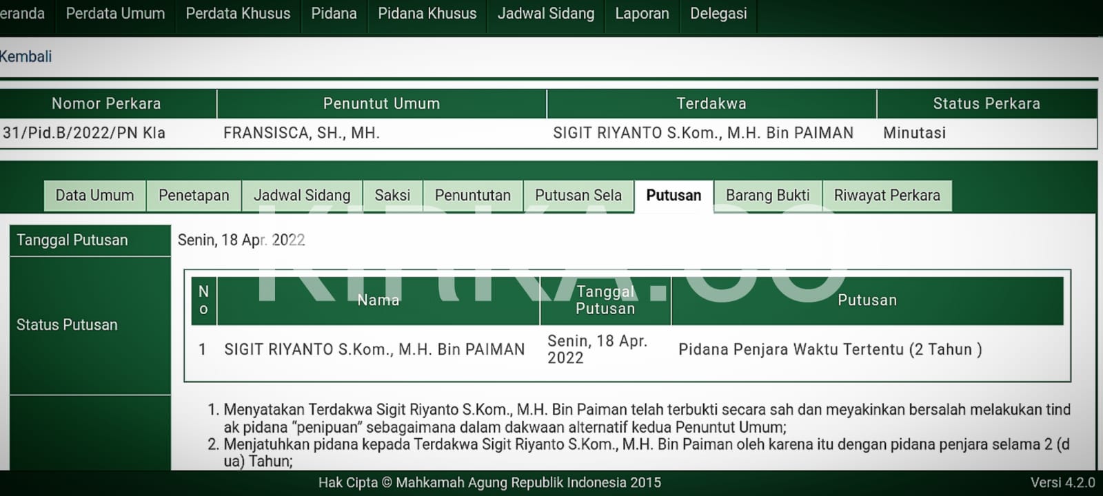Lakukan Penipuan Oknum Perwira Polisi Sigit Riyanto Divonis Penjara