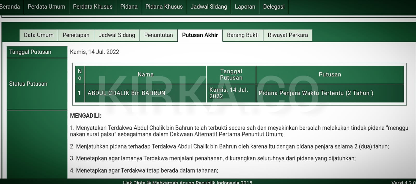 Terdakwa Pemalsuan Surat Panggilan KPK ke DPRD Pesibar Divonis Penjara