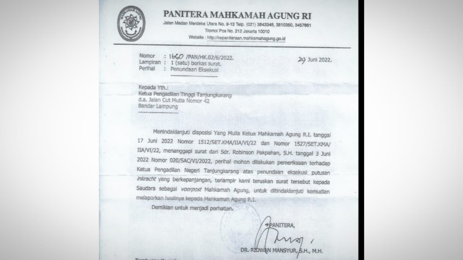 MA Surati PT Tanjungkarang Urusan Eksekusi Gugatan Babay Chalimi