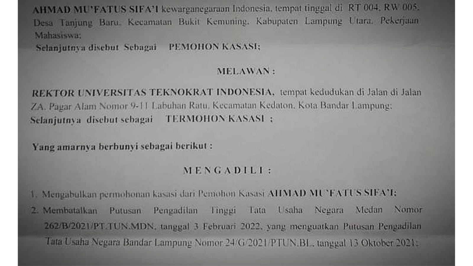 MA Kabulkan Kasasi Gugatan Mahasiswa Universitas Teknokrat Indonesia