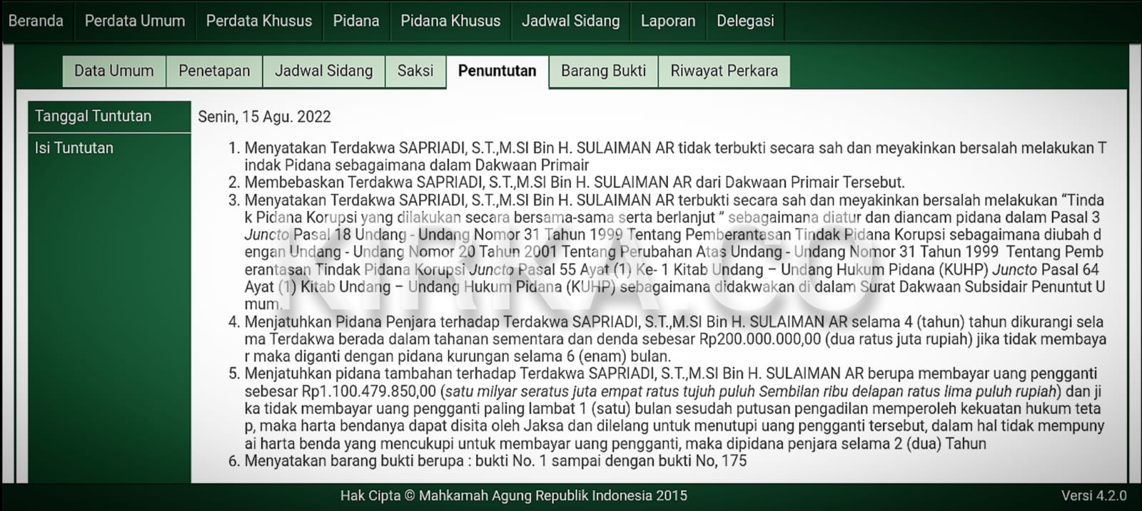 Terdakwa Korupsi Pemeliharaan Rutin Jalan PUPR Babel Sapriadi Dituntut Penjara