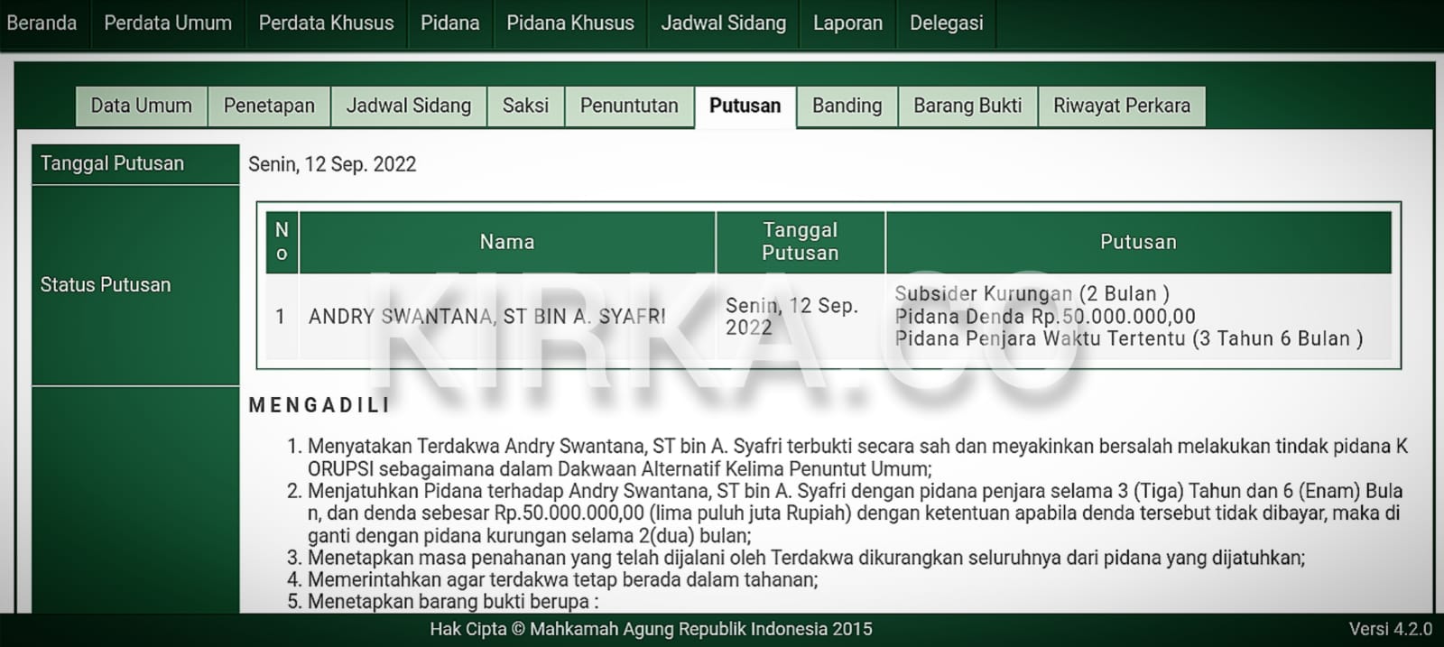 Mantan Komisioner KPU Prabumulih Andry Swantana Divonis Penjara