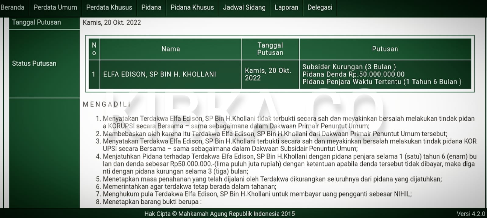 Kadis Perpustakaan Lahat Elfa Edison Divonis Penjara