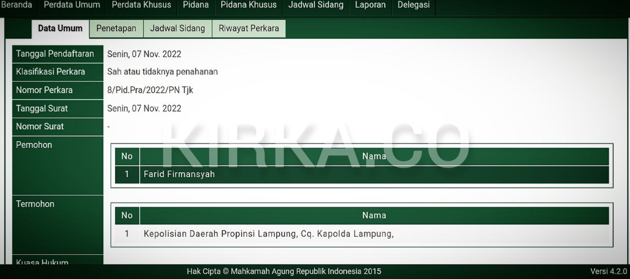 SP3 Polda Lampung Dipraperadilankan Farid Firmansyah