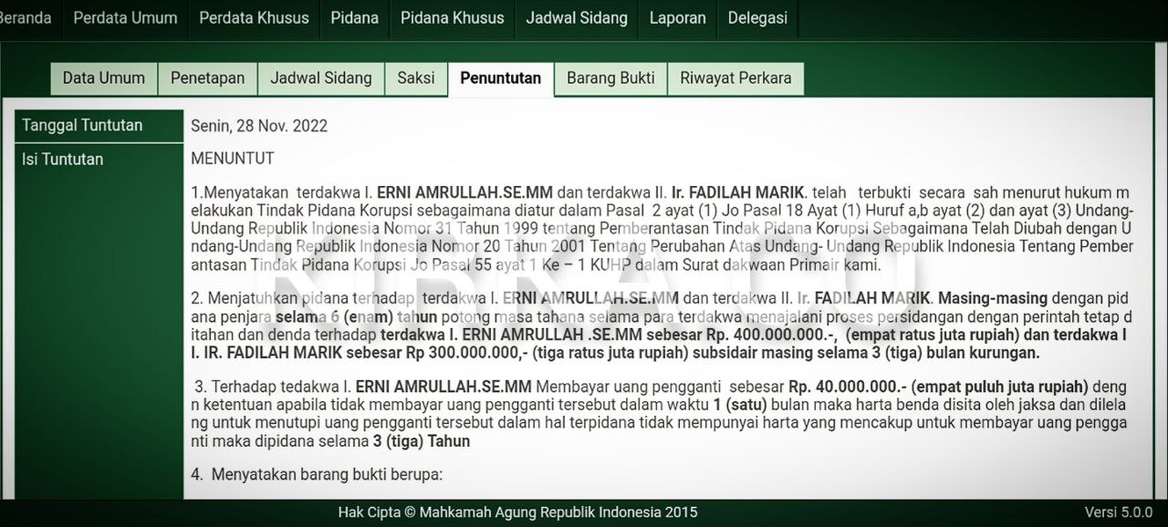 Terdakwa Korupsi Bibit Talas Empat Lawang Dituntut Bui