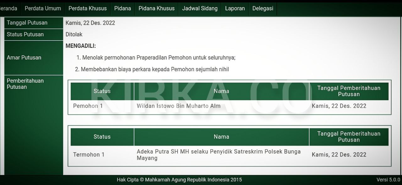 Praperadilan Terhadap Penyidik Polsek Bunga Mayang Ditolak