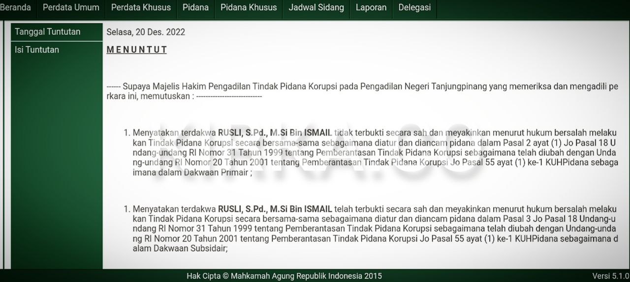 Eks Kadis Pertanian Kabupaten Lingga Dituntut Penjara