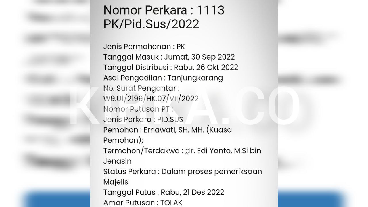 PK Perkara Korupsi Benih Jagung Lampung Ditolak