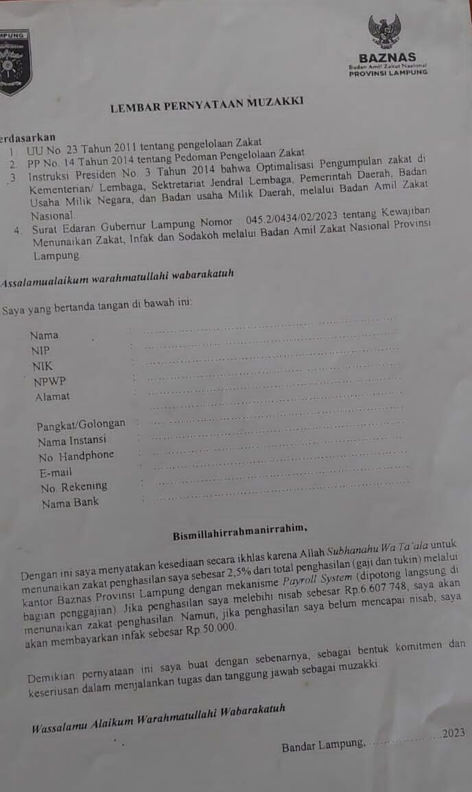 Lembar Pernyataan Muzakki di Lampung