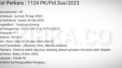 PK Terpidana Korupsi Disdik Lampung Tengah Ditolak