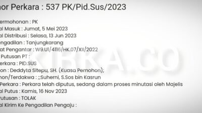PK Terpidana Korupsi Randis Lampung Timur Ditolak